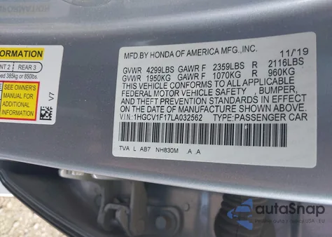 2020 Honda Accord Lx из США, поврежденный, VIN 1HGCV1F17LA032562